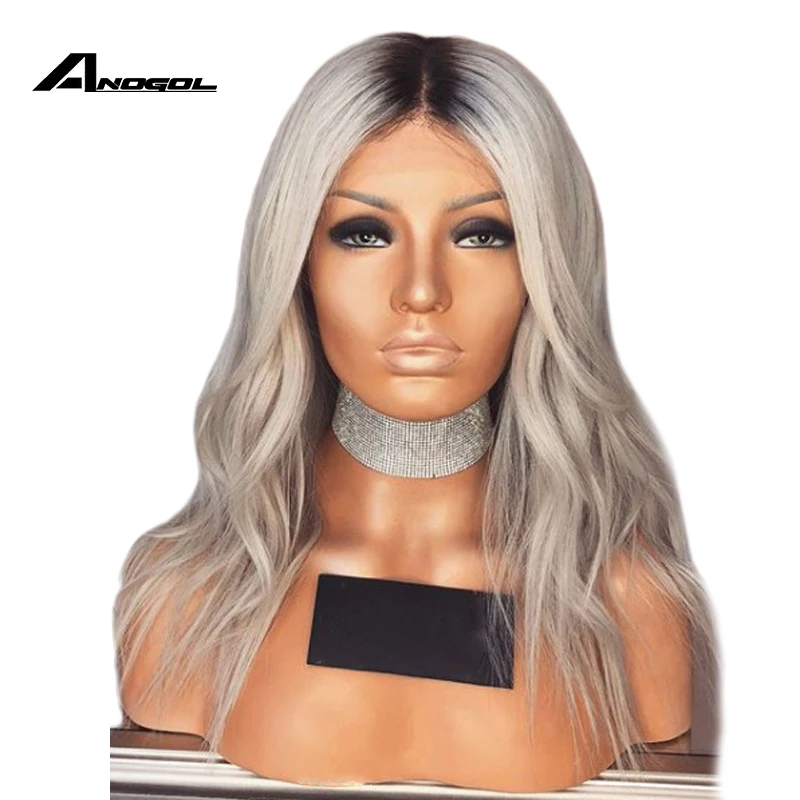 

Anogol Gray High Temperature Fiber Hair Synthetic Lace Front Wigs Natural Wave Black Root Wig For Women Middle Part