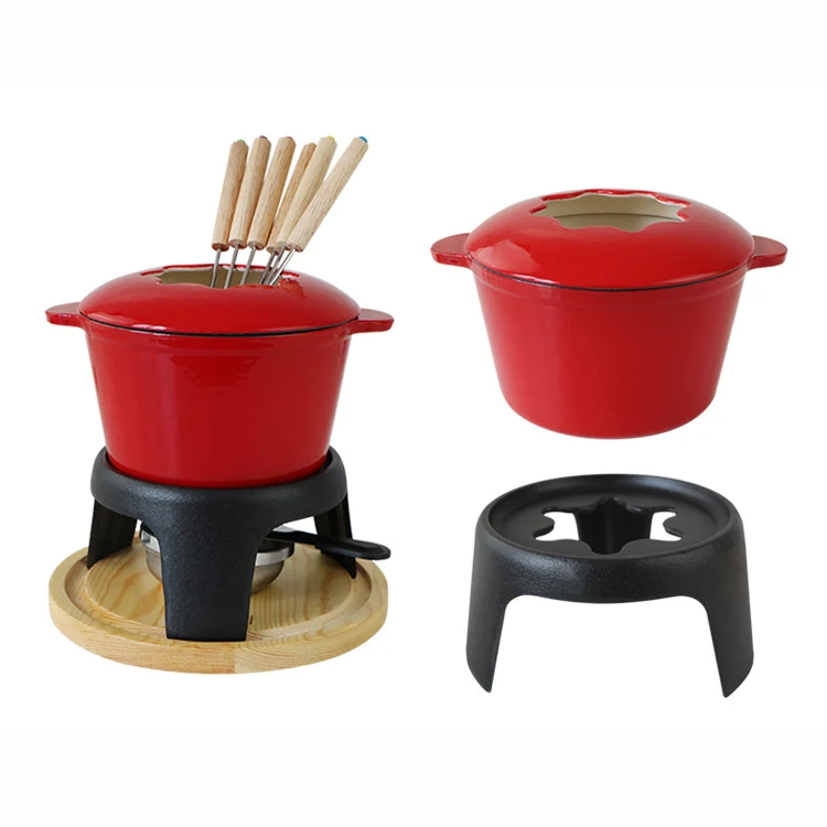 

Wholesale Cheese Melter Fondue Pot Tools Red Chocolate Melting Set Fondue Cooking Pot With Cover Forks