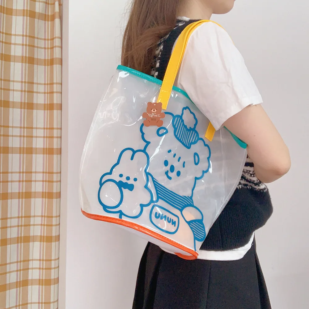 

2021 Hot Ultra Light Portable Fashion Eco Friendly Girls Daily Use Handbag Transparent Bucket Shopping Bag, Running rabbit,strawberry rabbit,bow tie bear,swimming ring bear