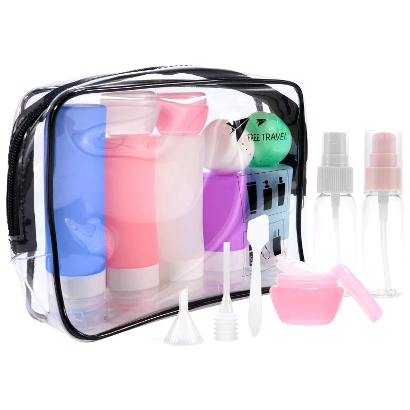 

Custom TSA Portable Refillable 4 in 1 Silicone Travel Accessories Bottles Dispenser Kit Travel Cosmetic Bottle Toiletry Set