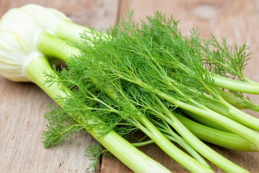 Fresh fennel bulb with feathery fronds on wooden cutting board