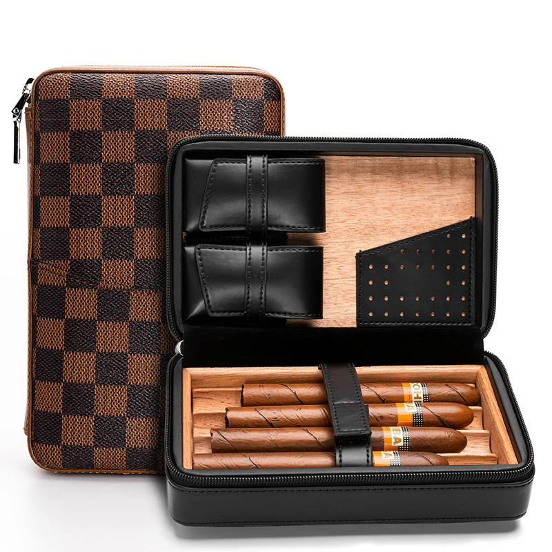 

New Sale Luxury High End Leather Cigar Case Portable Travel Cedar Wood Humidor Box with Customized Logo, Red and black