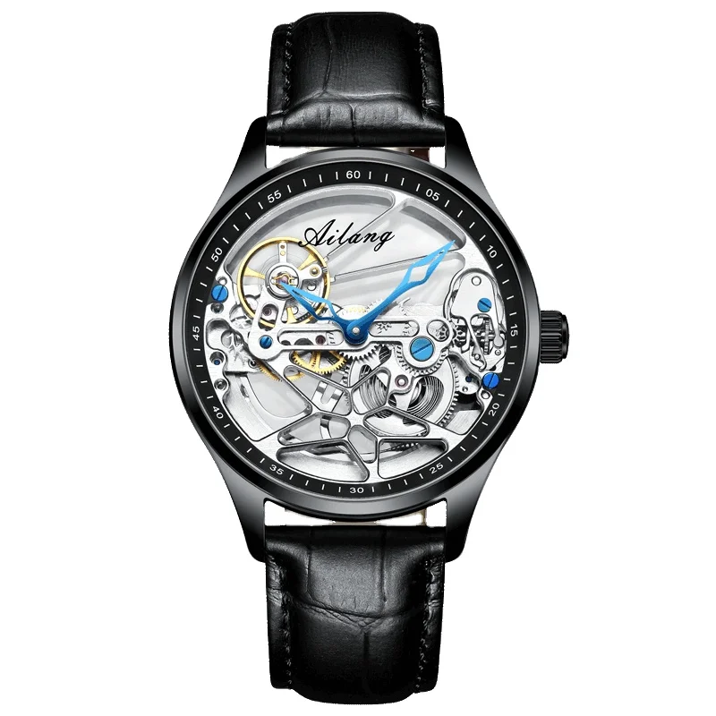 

AILANG Automatic Men Luxury Watches Business Leather Strap Fashion Skeleton Mechanical Watch For Men reloj de mano, 3 colors