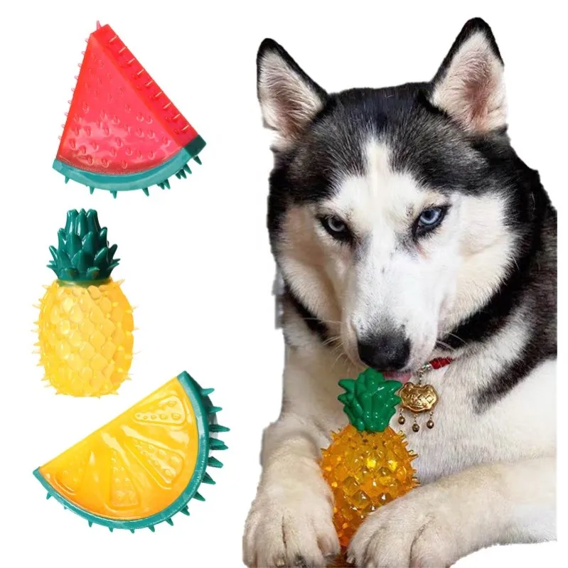 

New Pet TPR Dog Toys Chew Teething Toy Cooling Fruit Vocal Dog Rubber Squeaky Chew Cat Pet Toys, Yellow/red/blue