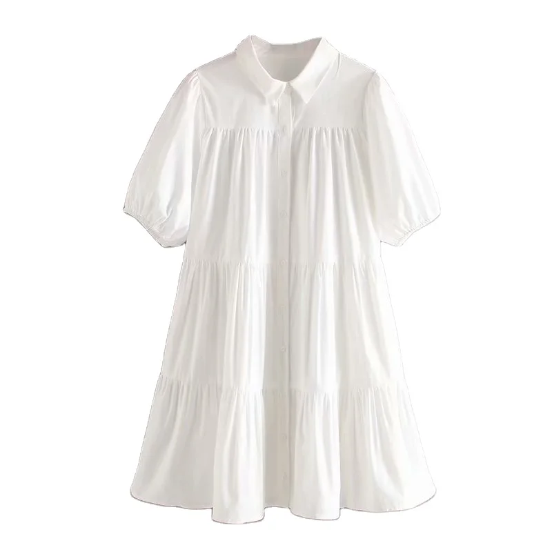

2021New Wholesale 100% Cotton White Color Short Sleeve Women Summer Casual Daily Wear Shirt Dress