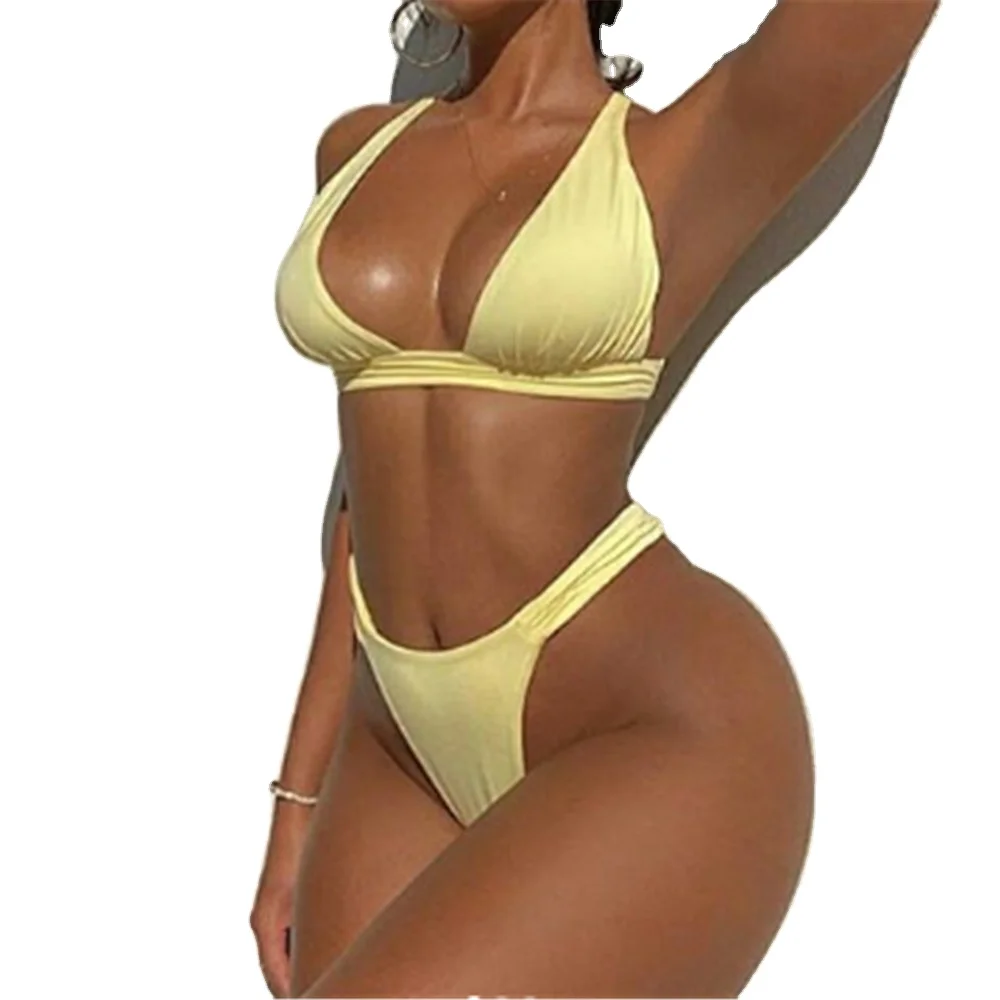 

Women Sexy Pleated Bikini Sexy Split Swimsuit Triangle Bikini Top for Sale