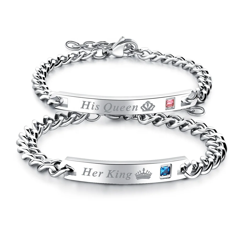 

Custom Engagement Men Women His Queen Her King CZ Letter Silver Couple Bracelet, Steel color