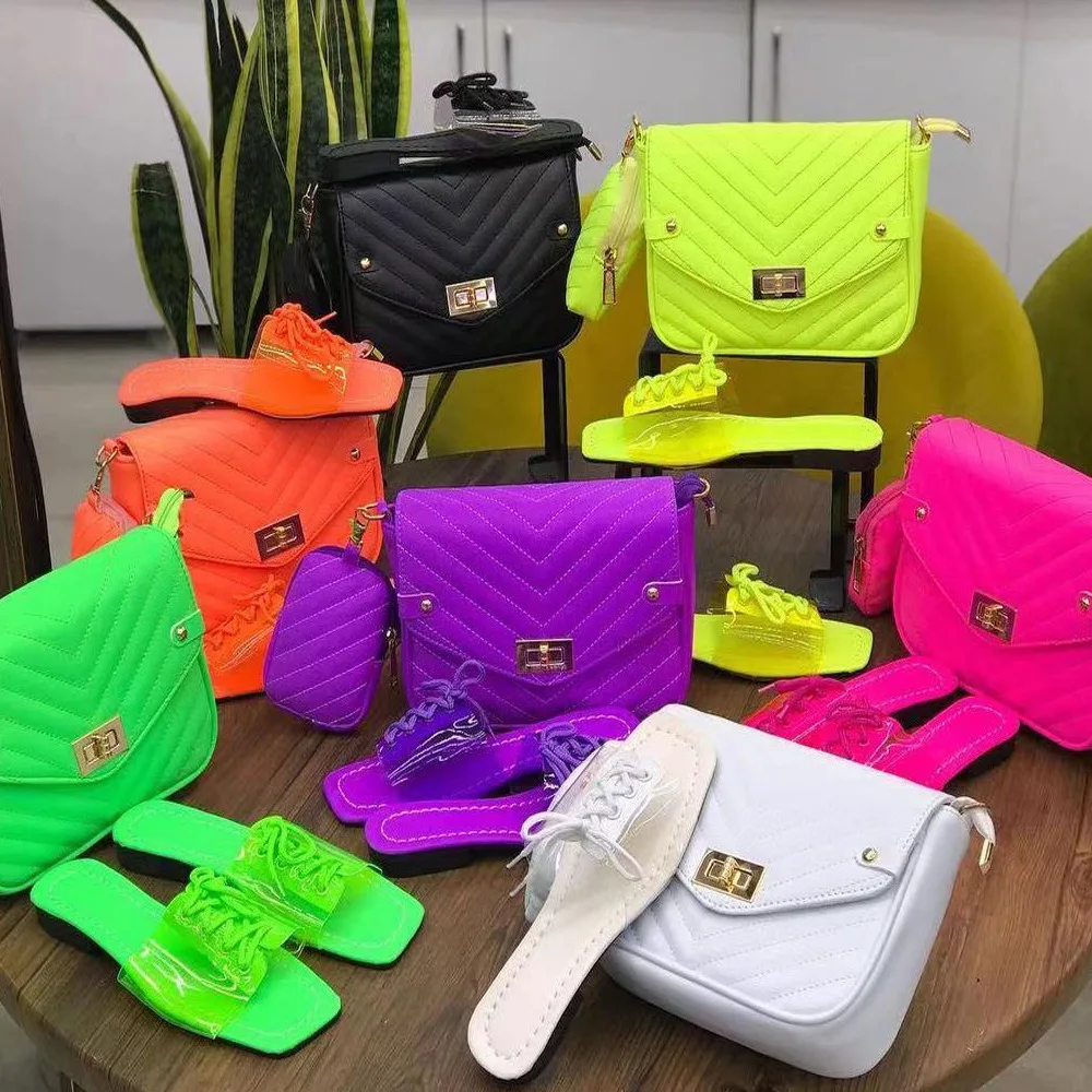 

X20219 Casual bag and sandals set for women PVC lace up Beach Shoes Women's Square Toe Slippers Flat Women's slides slippers, Pink,green,black