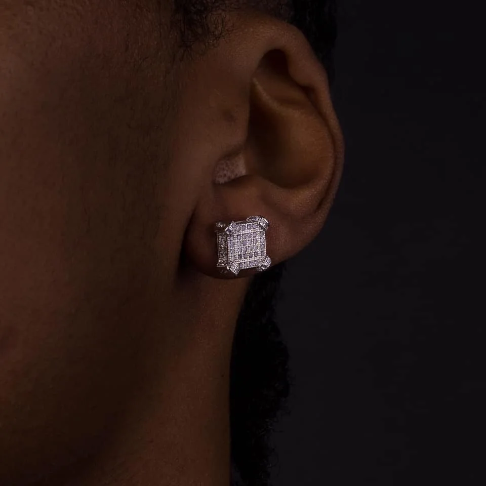 

2021 NEW Screw back hip hop bling men boy jewelry geometric micro pave cz crown square stud earring, Rose gold