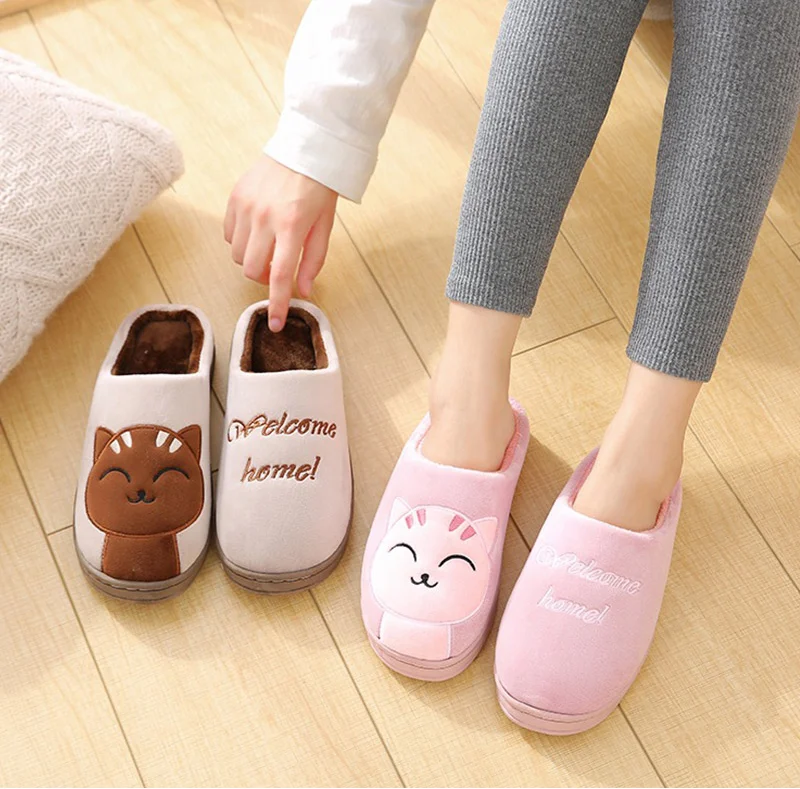 

Winter Flat Home Slippers Cute Cat Women's Soft Plush Furry Women Warm Fluffy Ladies Female Couple Style Woman Shoes Girls