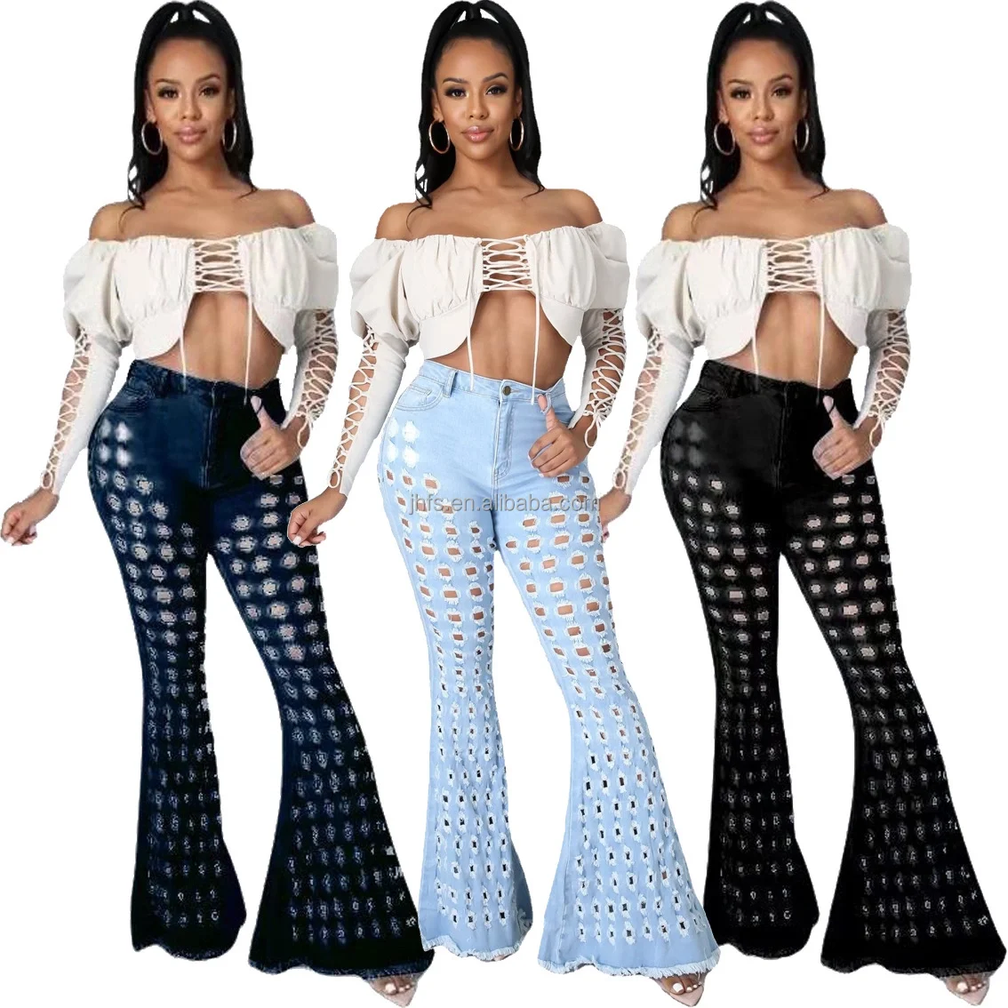 

J&H fashion high waist hollow out bell bottom jeans women casual denim trousers fall 2021 causal pants, 3 color as picture