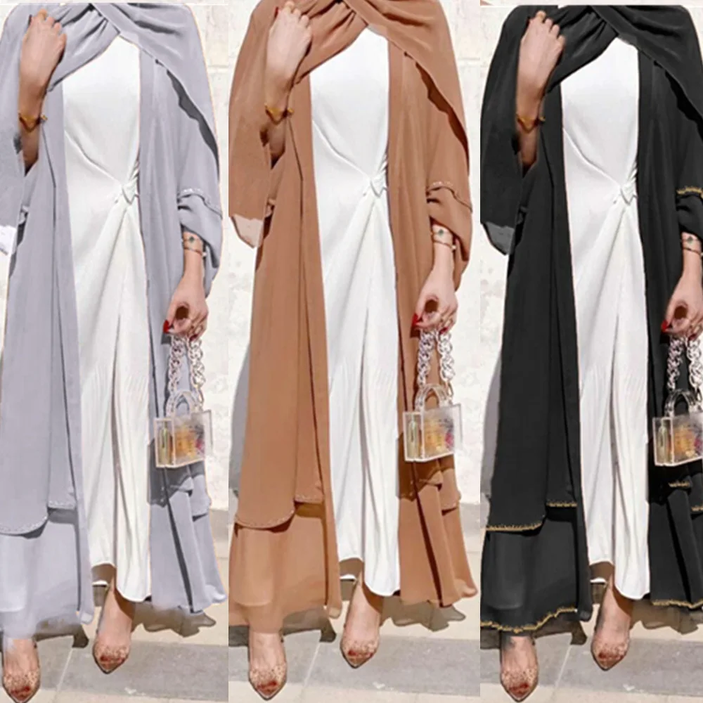 

2021 Summer New Design Cardigan Robe Pure Color Lace Dress Open Abaya, Gray, brown, black