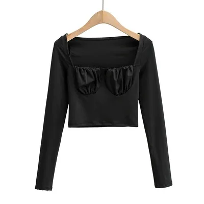 

2021 fashion ladies polyester fiber sexy t-shirt long sleeve female crop top shirt, White,black,khaki