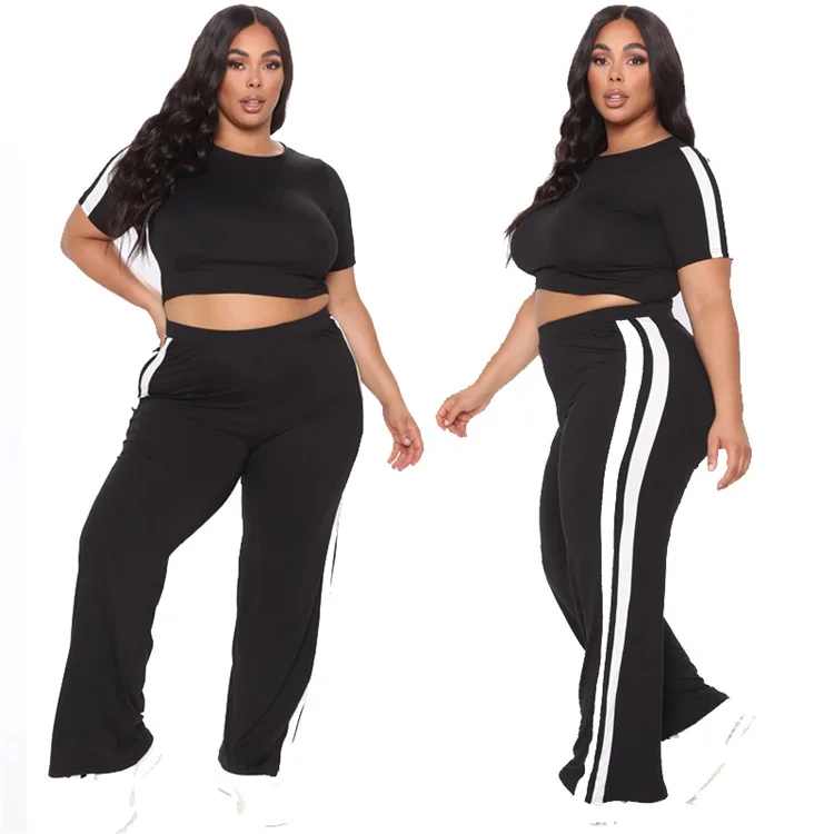 

Custom LOGO 2021 summer dress new plus size women clothing pure color two-bar short-sleeved sports suit scSC0172