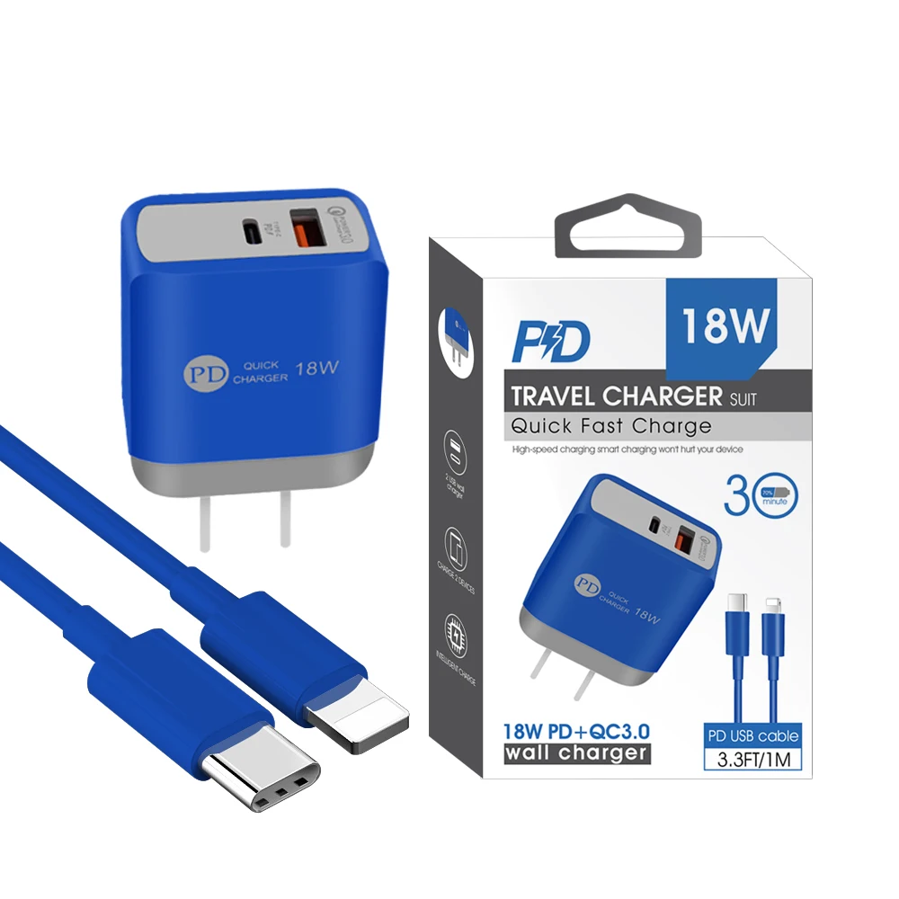 

Smart Portable Wall Charger Pd 18w Fast Charger With Usb Data Cable Set For Iphone, White/black/blue/red