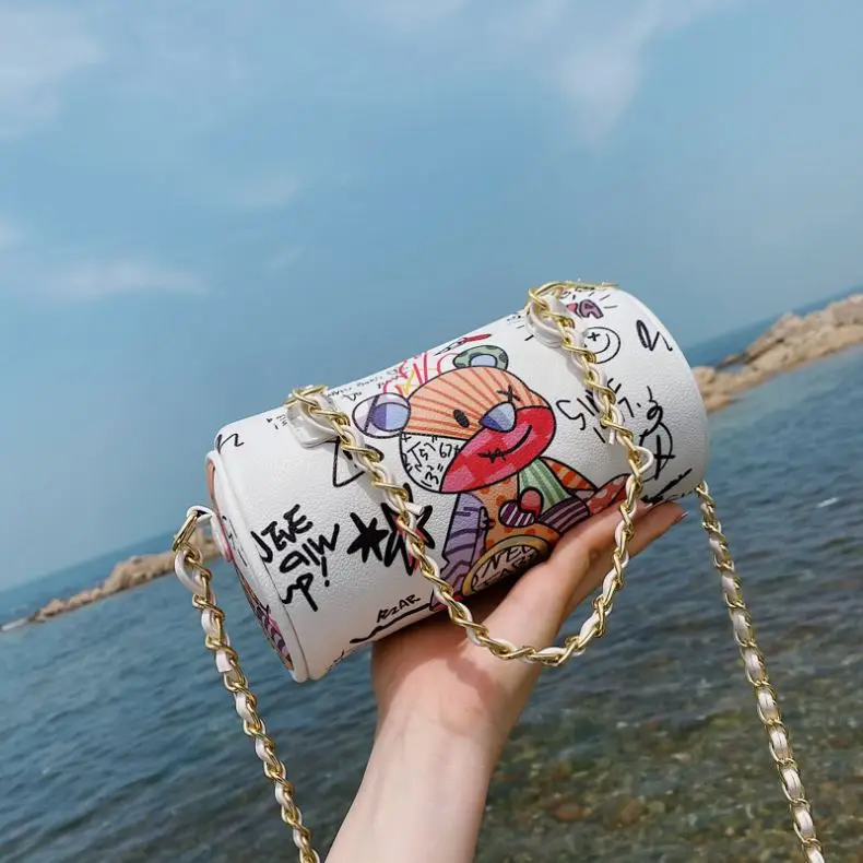 

2021 new trendy bag summer barrel graffiti purses cylinder bag women chain shoulder messenger bag