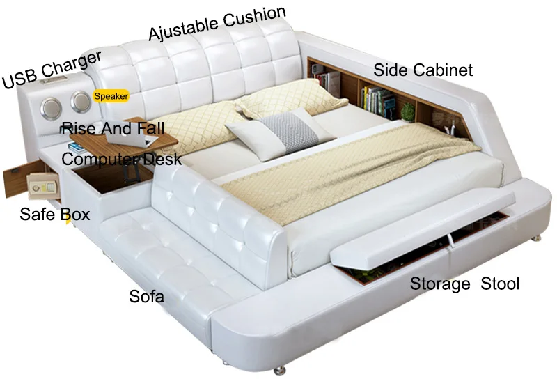 Multifunction Storage Bedroom Furniture Leather Bed With Massage