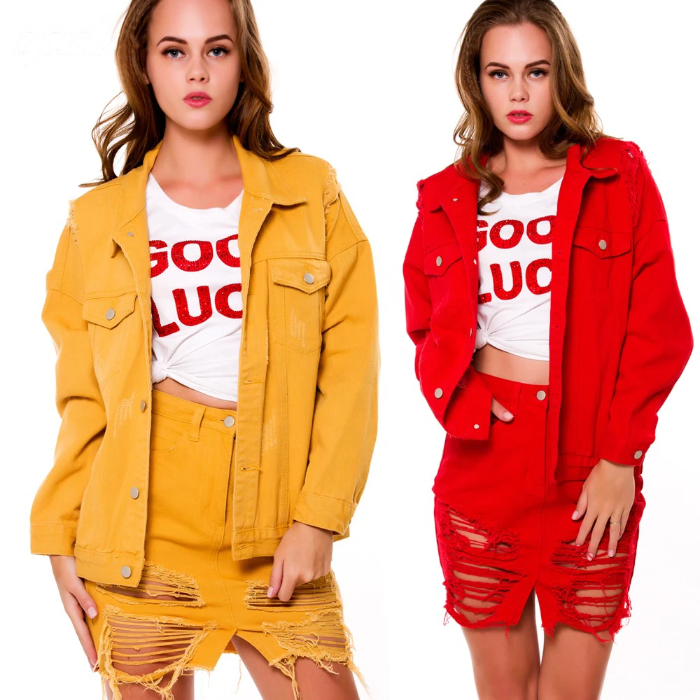 

Wholesale Cotton Jackets Distressed Denim Coat Sexy Outerwear Fashion Red Yellow Women Denim Jacket/womens lightweight jacket