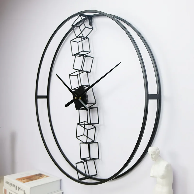 

23-inch Nordic round double-ring art gold black metal modern living room decoration wrought iron large round metal wall clock