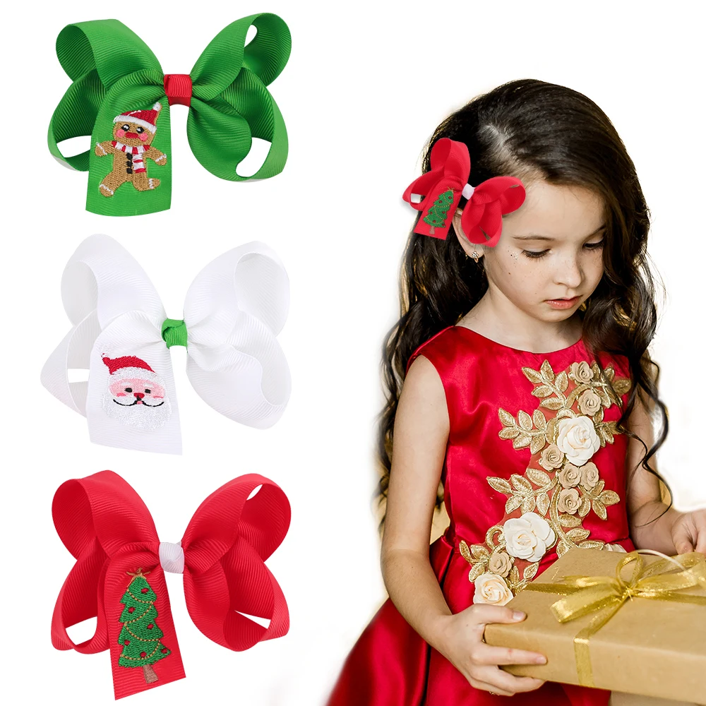 

Xmas Hair Clips For Baby Girls Grosgrain Ribbon Bows Hairpins Fashion Embroidery Christmas Hair Bows Hair Accessories