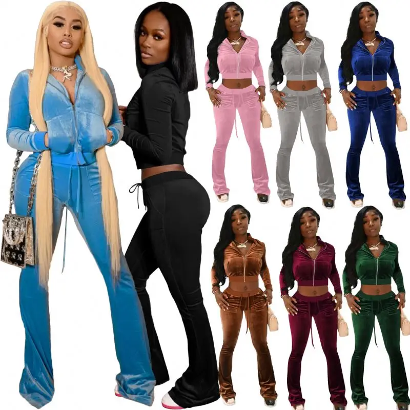 

2021 Women Fall Clothing Velvet Sweat Suit 2 Piece Set Tracksuit Two Piece Pants Set For Women, As picture