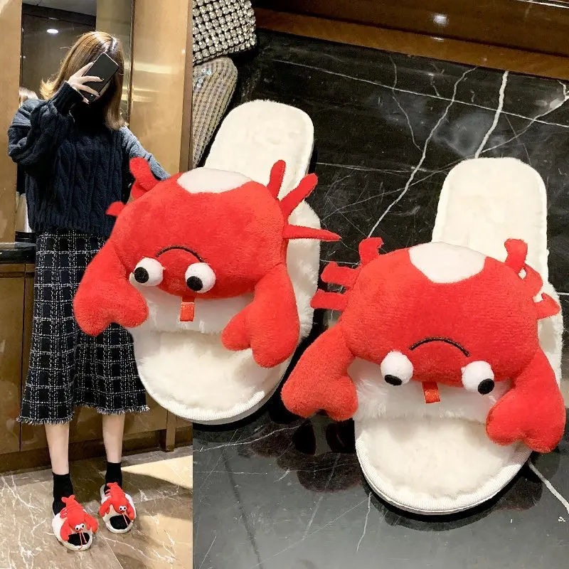 

Home cotton slippers women's outer wear 2021 new autumn and winter indoor warmth cute crayfish crab flip flops