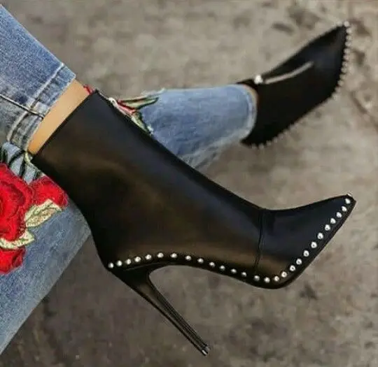 

studded ankle boots for ladies Black elegant stylish women high-heeled leather ladies boots