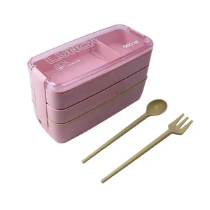 Image of Fashion Natural Environment Wheat Straw Lunch Box 3 Layer Fork Spoon Lunch Box