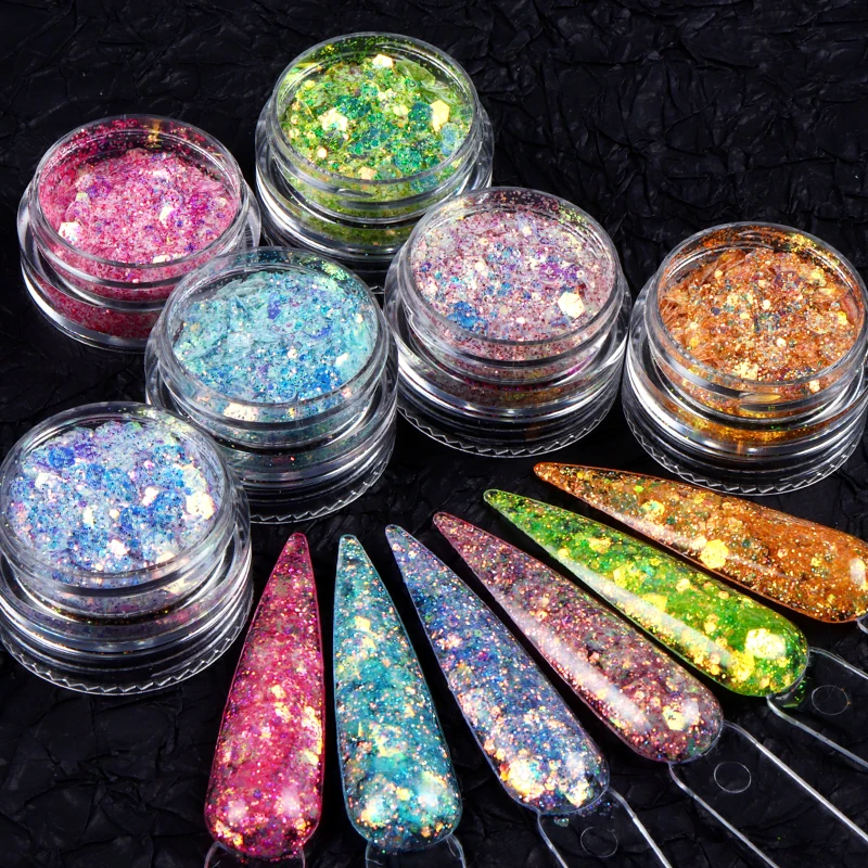 

6pcs Holographic Glitter Nail Art Decorations Mixed Mermaid Hexagon Chunky Glitter Sequins For Nail Design Gel Manicure Parts, Picture