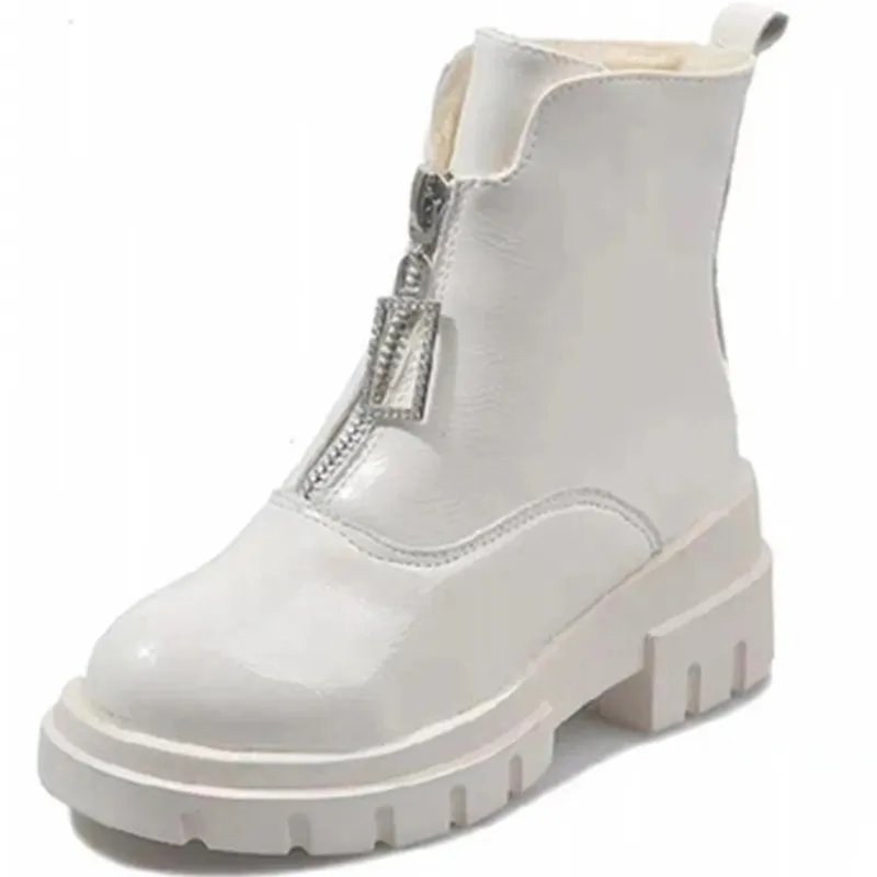 

2021 Leather Women Boots Winter Plus Velvet Woman Shoe Fashion Female Breathable Ankle Bootie Front Zipper Beige Black Boots
