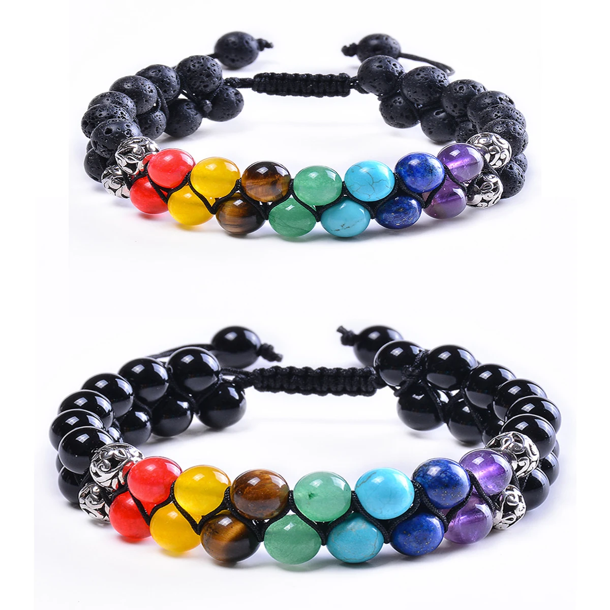 

Adjustable Fashion Knotted Natural Lava Stone Handmade Braided Double Layer Bracelet Colorful Yoga Bracelet, Seven colors