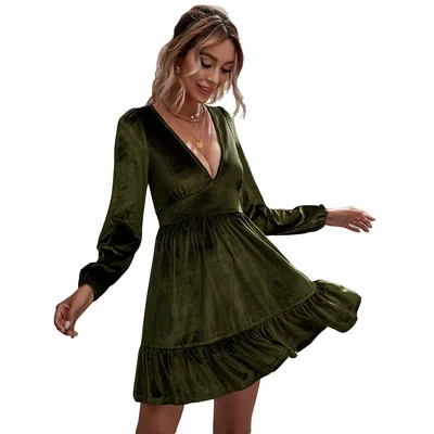 

Sexy fashion V-neck puff sleeve Velvet ruffle dress Casual women Dresses