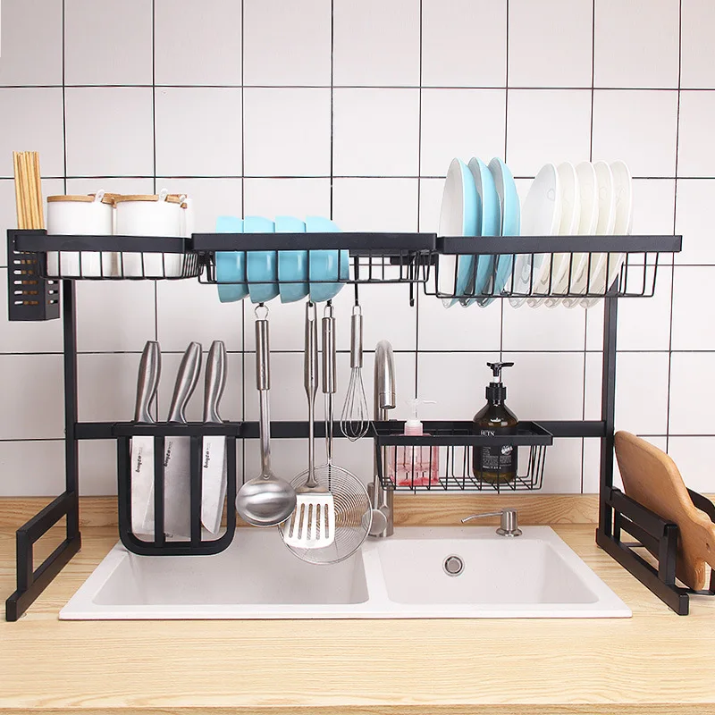 

modern metal kitchen cabinet tableware Chopping block organizer stainless steel drainer over the sink dish drying rack, Black