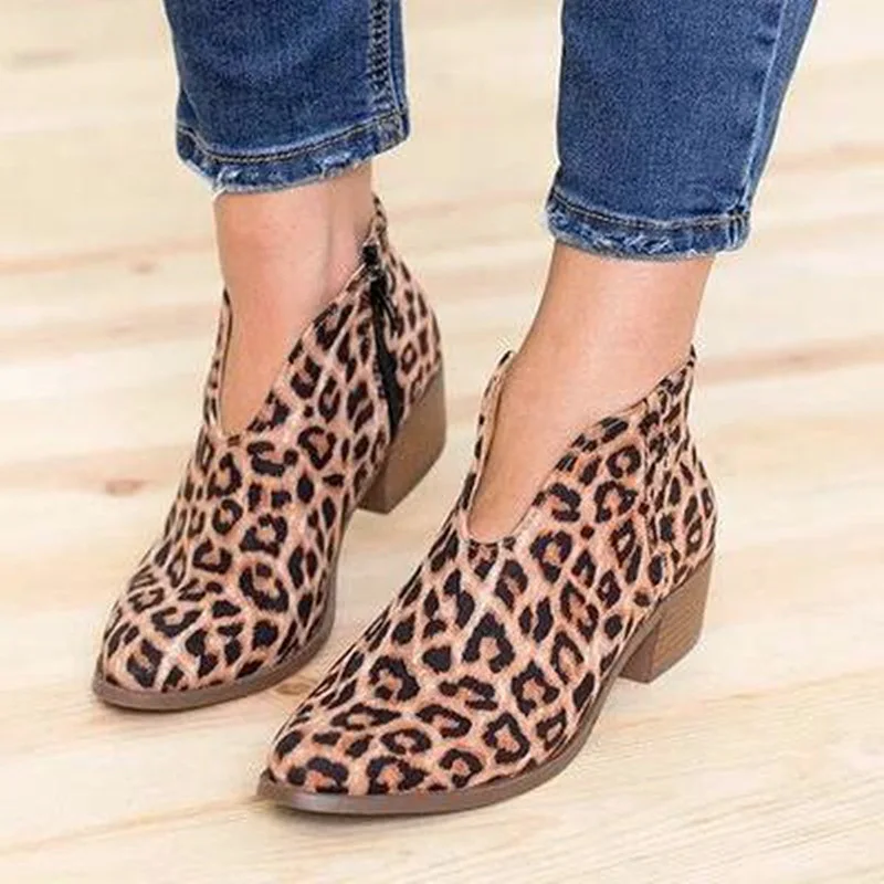 

Autumn Women's Leopard Print Thick Heel Short Boots Ankle Low Heels Shoes Woman Casual Women Shoes Boots, Picture