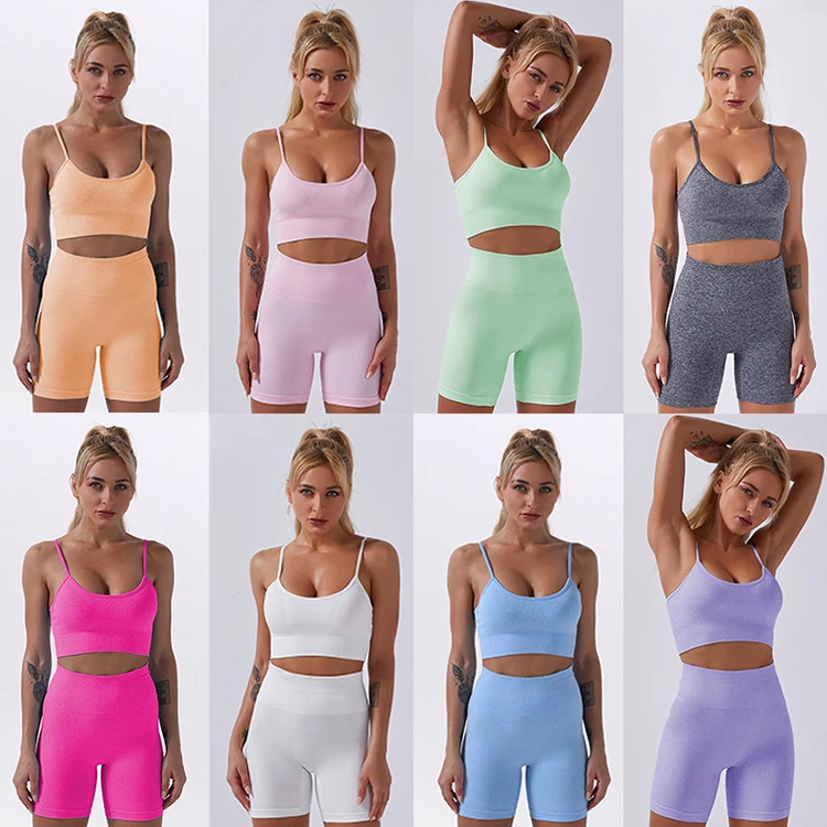 

Hot Two Piece Solid Color Short Sets Summer Yoga Short Set Short Leggings Set for Women