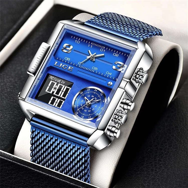 

LIGE Luxury Men Digital Sports Watches LED Square Dial Analog Quartz Wrist Watch Multi-Time Zone Waterproof Stopwatch Male Clock