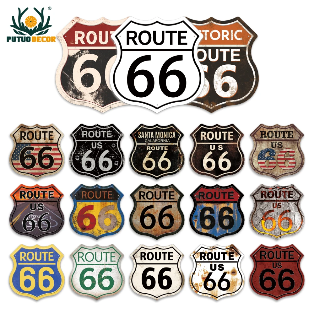 

Putuo Decor Hot Sale Shield Shape Route 66 Vintage Metal Wall Sign Tin Sign Garage Man Cave Bar Decoration