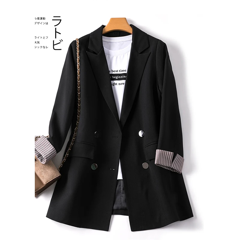 

Spring Loose Blazers Women Korean Style Double-breasted Stripe Cuff Coat Ladies Large Size Blazer Work Wear