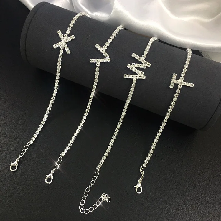 

2022 New fashion design crystal anklets silver plated letter tennis diamond anklet women