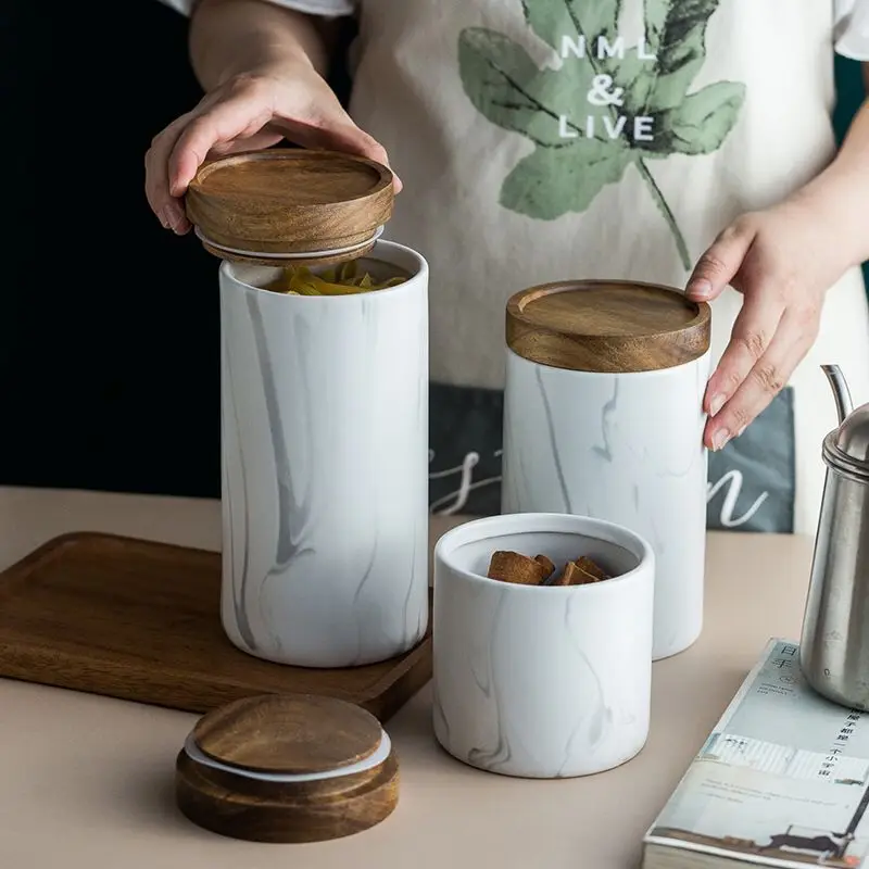

Nordic Style Marble Ceramic Organizer Storage Tan Coffee Tea Container Kitchen k With Cover Storage Jar Storage Bottle, Marble white