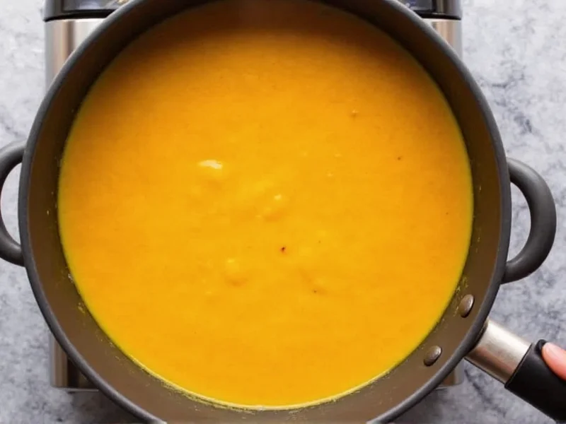Step showing pumpkin puree heating in saucepan for latte