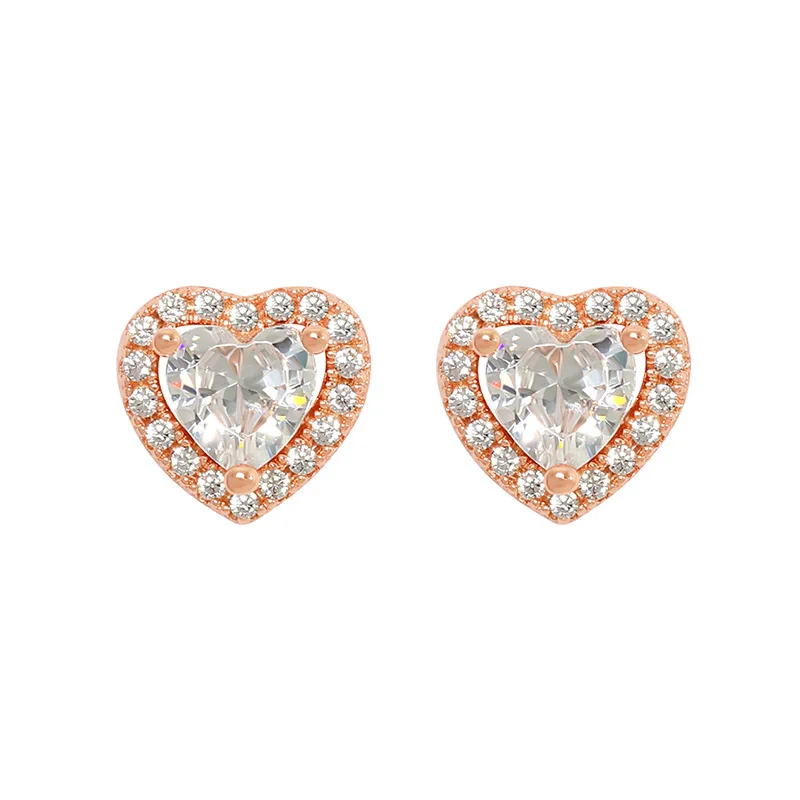 

Best Selling Sweet Love Jewelry 925 Sterling Silver Heart Stud Earrings Rose Gold Bling Crystal Zirconia Heart Earring For Women