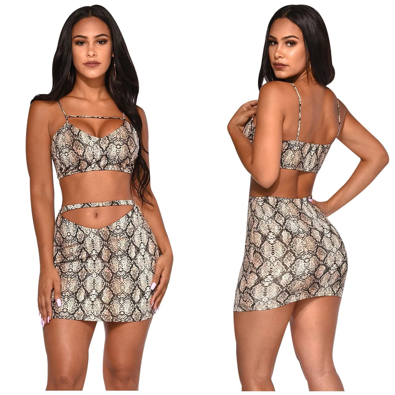 

Summer Strapless Snake Print Sling Tracksuit Stretch Sleeveless Skirt Sexy Outfits Short Top Backless Two Piece Short Set, Shown