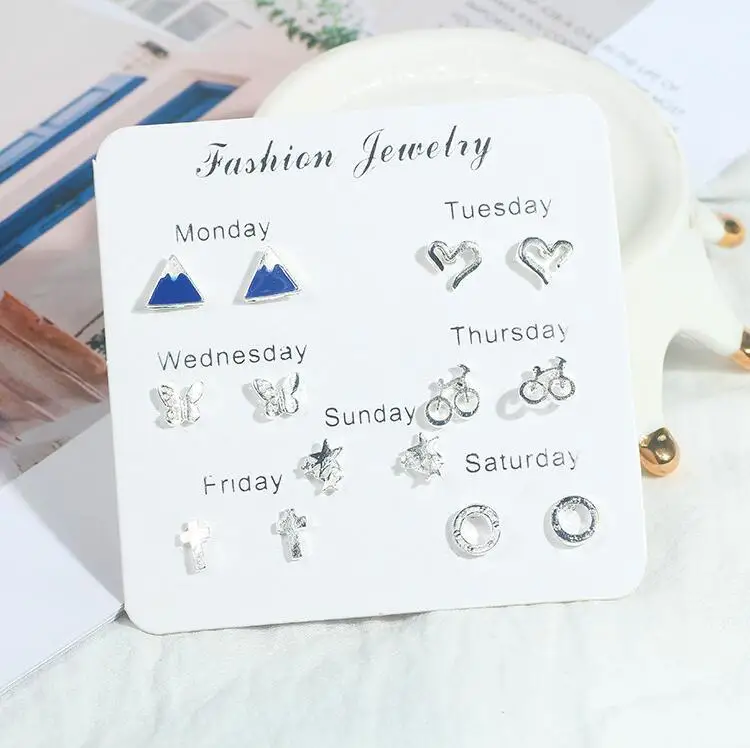 

One-week Set Earnail Personality Snowflake Peach Heart Silver Plated Stud Earrings Earring Set, Colorful