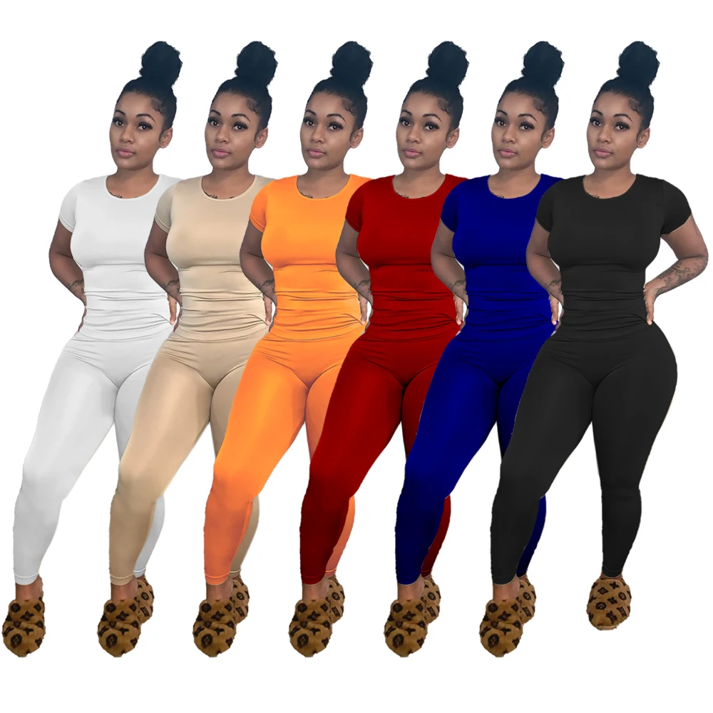

2021 Fashion Women Casual Solid Color Bandage Short Sleeve Two Piece Set