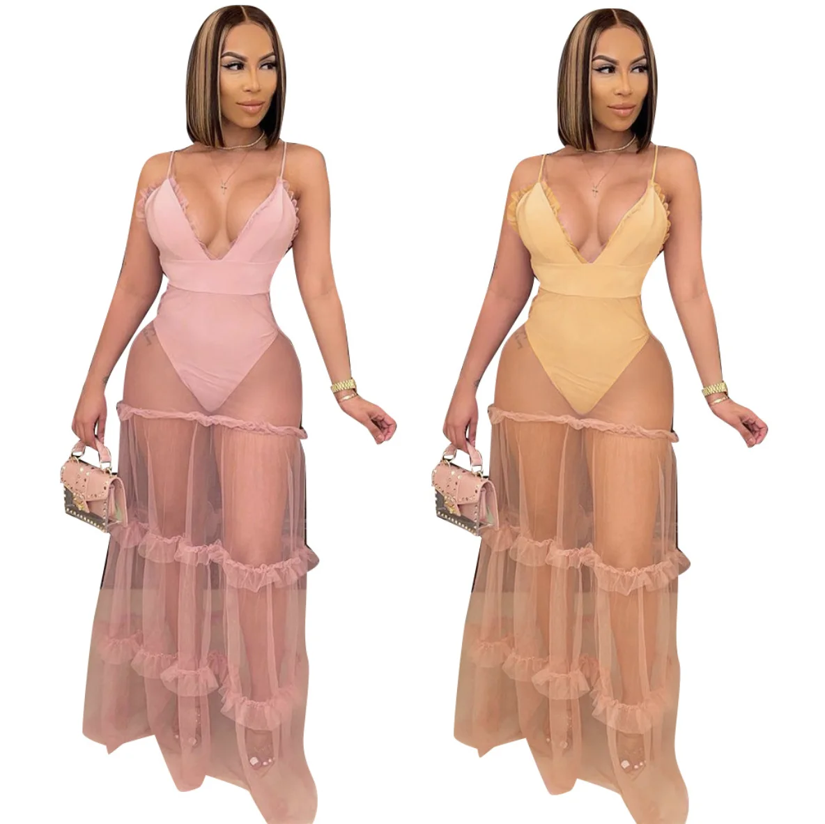 

European American women summer new sexy mesh splicing V collar dress women solid halter mesh see-through sexy club dress