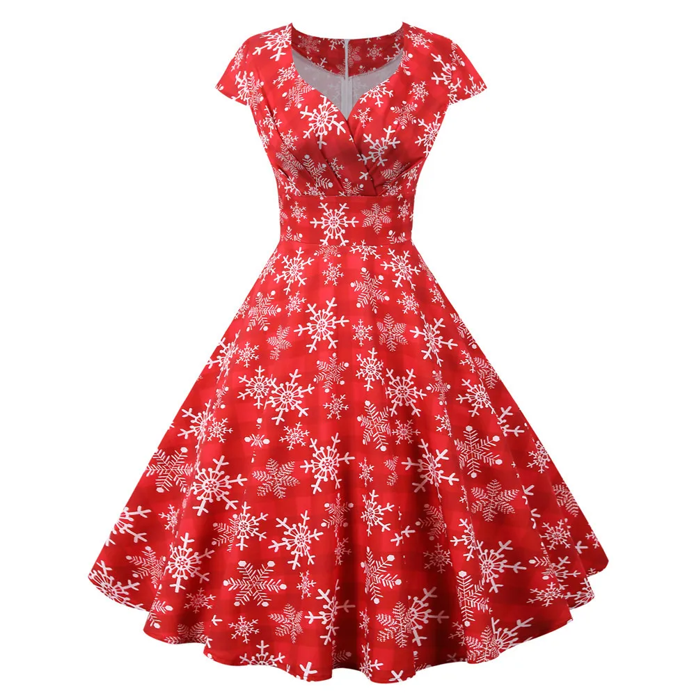 

Red Christmas Party Dress Women 2021 Short Sleeve V Neck Elegant Vintage Print Xmas New Year Prom Sundress Plus Size 3XL Robe