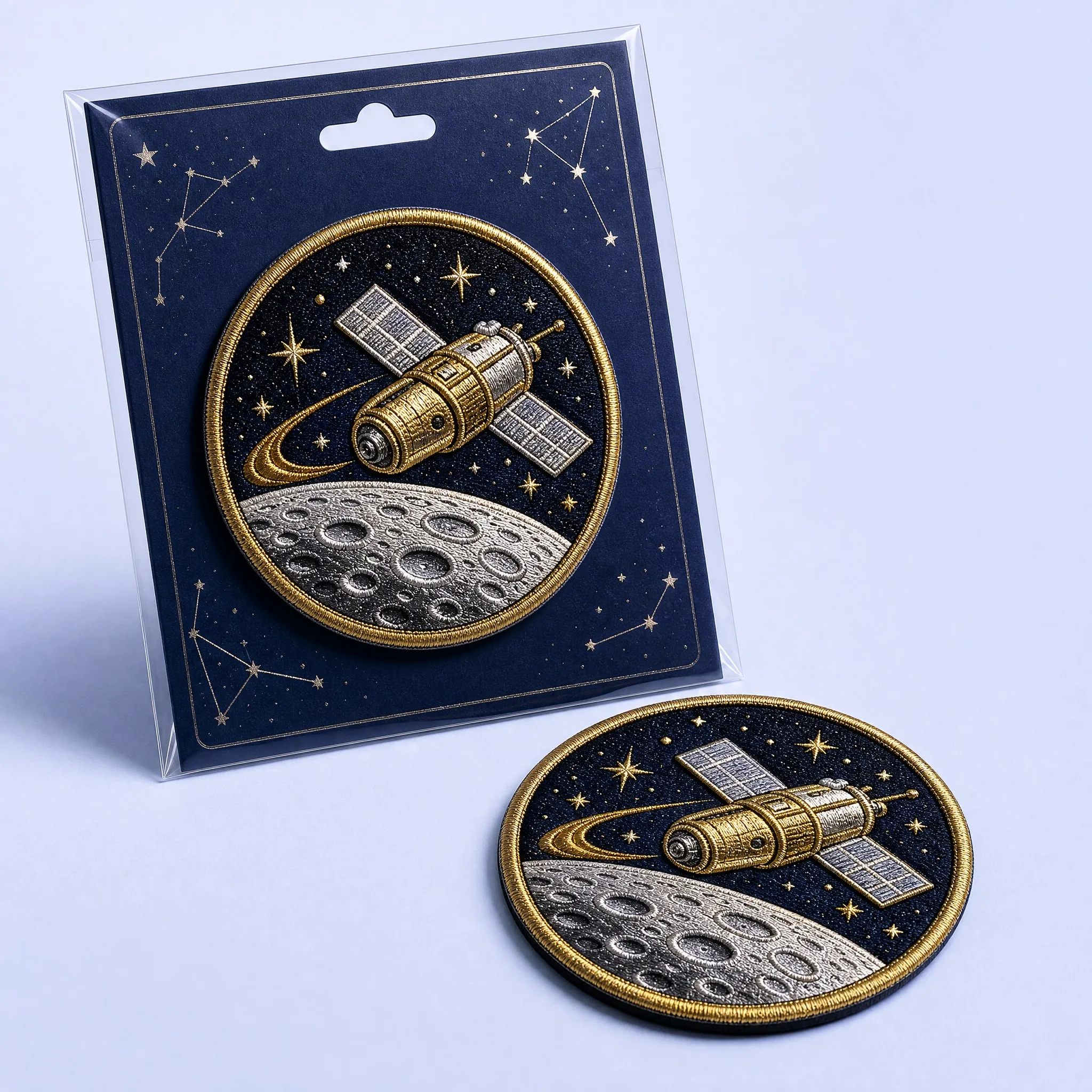 Orbital Satellite Space Station Patch in Celestial Constellation Packaging with Hanging Bag and Loose Sample