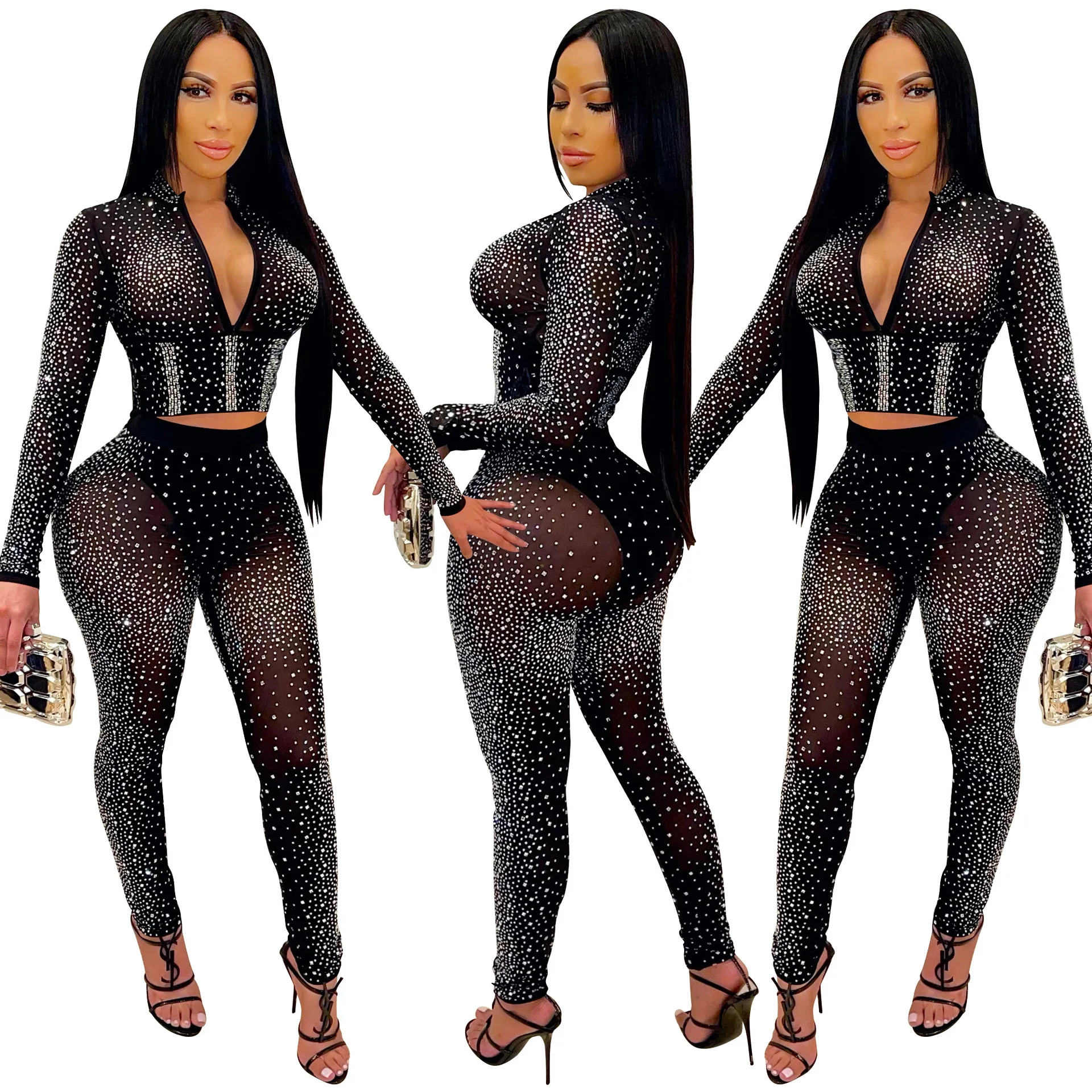 

2022 spring fall see through women clothes lady sexy clubwear Females Rhinestone Nightclub wear Two Pieces pants set