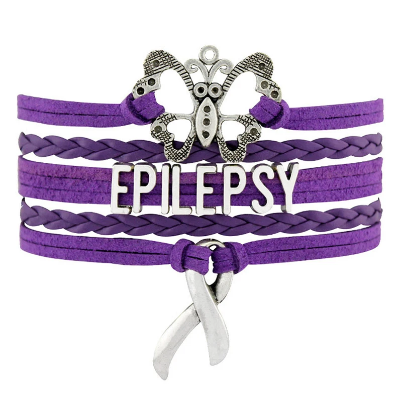 

Be Brave Cure Epilepsy Awareness Fighter Survivor Love Faith Believe Hope Epilepsy Mom Purple Ribbon Leather Bracelets for Women, Silver plated